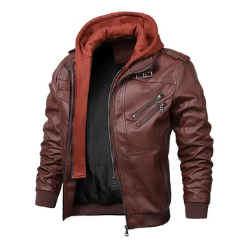 Мотоциклетная куртка, мужские повседневные куртки из искусственной кожи, мужские зимние Толстые теплые винтажные клубные кожаные пальто-бомберы с капюшоном, Chaqueta