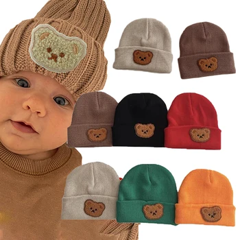 Корейский стиль, милый Медведь, детская шапочка-бини, мягкие Зимние Теплые шапки для новорожденных мальчиков и девочек, однотонная вязаная шапка для малышей, вязаная шапка для малышей