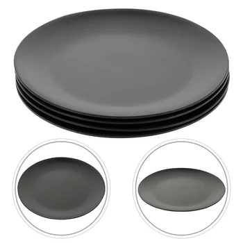 4 шт Черная меламиновая тарелка Блюдо с плоским дном Сервировочный круглый поднос Обеденные тарелки для ужина на открытом воздухе