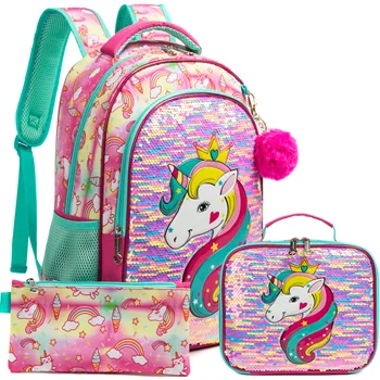 Рюкзаки с единорогом для девочек, милая школьная сумка для детского сада, школьный рюкзак с блестками для девочек, легкий
