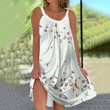 Женское сексуальное летнее свободное платье с принтом бабочки в стиле ретро, круглый вырез, без рукавов, на бретельках, повседневные мини-платья для подростков