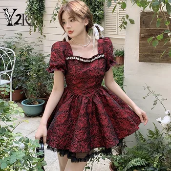 Y2K одежда летние цветочные новые мини-платья для женщин traf с коротким рукавом и квадратным воротником, лоскутное кружевное элегантное вечернее платье femme