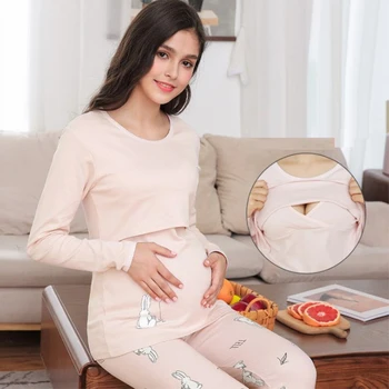 Новый весенне-осенний пижамный комплект для беременных, одежда для грудного вскармливания, ночная одежда для кормления, 100% хлопок, легкая подкладка для кормления ребенка