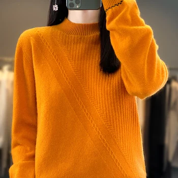 Легкий Роскошный свитер из шерсти Мериноса для женщин 2023, Осень/Зима, Новый Вязаный пуловер с полуприкрытым вырезом и длинным рукавом, Однотонные топы