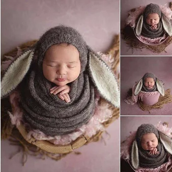 Реквизит для фотосъемки шляпы новорожденного, Ангольская мохеровая шапка ручной вязки с большим ухом кролика для фотосъемки реквизита