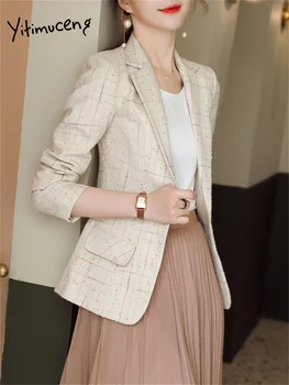 Женские клетчатые блейзеры Yitimuceng 2023, Новая мода, осенние пальто с отложным воротником на одной пуговице, офисный повседневный тонкий блейзер