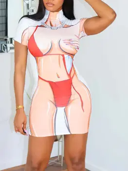 Свободное женское сексуальное мини-платье размера XL-5XL оверсайз, нижнее белье с 3D принтом, прозрачное облегающее платье-футляр, водолазка, клубная одежда для вечеринок