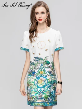 Seasixiang, модное дизайнерское мини-платье ранней осени, женские винтажные платья с круглым вырезом и коротким рукавом, с цветочным принтом в виде кристаллов и бриллиантов.