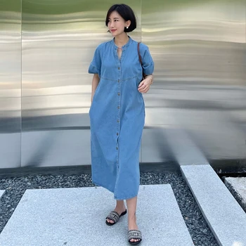 Лето 2023, Корея, Винтажное Однобортное платье-рубашка из джинсовой ткани, Длинное платье для женщин