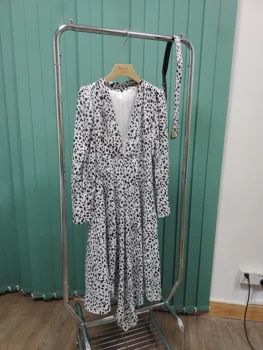 Уникальный осенний дизайн, глубокий V-образный вырез, ретро-стиль зрелой леди с леопардовым темпераментом, талия с поясом, длинное платье