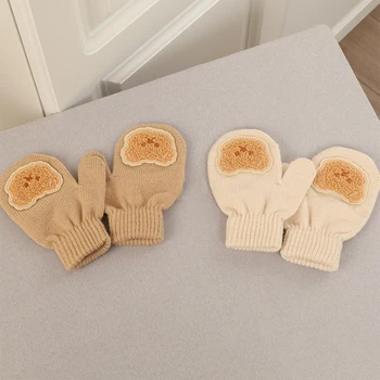 Детские вязаные перчатки, милый мультяшный мишка, осенне-зимние теплые варежки, однотонные перчатки с полными пальцами для маленьких мальчиков и девочек