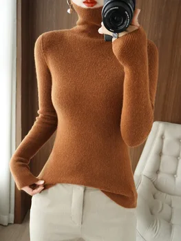 женский свитер приталенного кроя с высоким воротником, зимний полиэстер