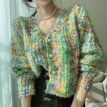Повседневный радужный разноцветный вязаный кардиган с V-образным вырезом, Корейский шикарный толстый свитер, осеннее однобортное пальто-свитер 29035