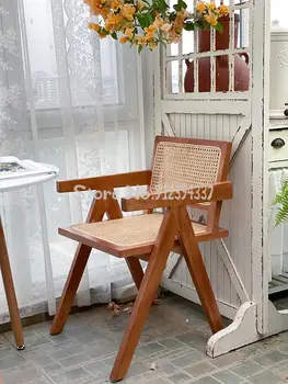 Ротанговый стул из массива дерева, ретро-стул со спинкой, обеденный стул с сетчатыми красными вставками, скандинавский подлокотник, письменный стул, стул для кафе