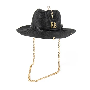 Модные женские панамы с черными буквами, летняя шляпа с ремешком-цепочкой, повседневная шляпа для пляжного туризма, защита от солнца, Винтажные джазовые шляпы