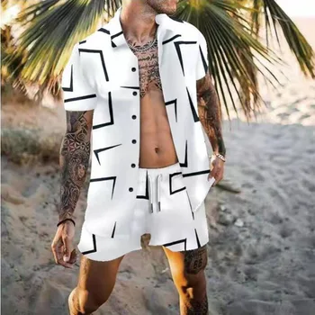 Летний мужской тренд 2023 года, новый гавайский модный повседневный костюм с геометрическим принтом, пляжные шорты из двух частей