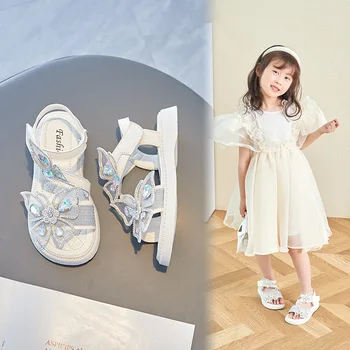Летние детские сандалии принцессы с бантом для девочек, мягкая обувь со стразами, нескользящие дышащие модные детские сандалии для девочек