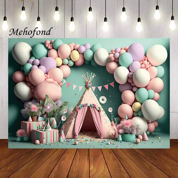 Фон для фотосъемки Mehofond в стиле бохо, розовая палатка, подарочный воздушный шар, детский день рождения, торт, разбитый портрет, декор, фотофон для студии