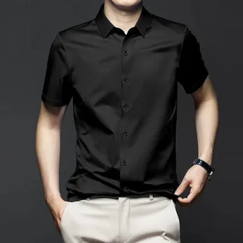 Летняя Новая модная удобная официальная рубашка, мужские рубашки с коротким рукавом, однотонные, не железные, базовые, эластичные для деловых встреч.