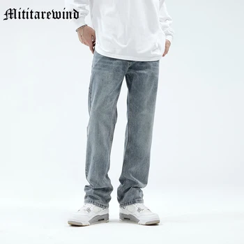 Выстиранные модные джинсы для мужчин, прямые свободные синие широкие брюки из денима оверсайз, универсальные молодежные уличные брюки полной длины