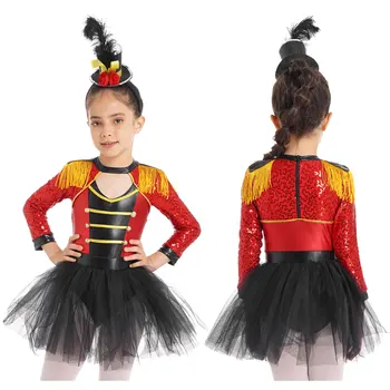 Костюмы фокусника циркового манежа для девочек на Хэллоуин, эполет с блестками, юбка-пачка с кисточками, встроенный короткий карнавальный праздничный комбинезон