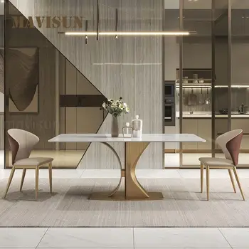 Обеденный стол из белого глянцевого сланца, легкий Роскошный Современный минималистичный дизайнерский креативный прямоугольный стол и стул высокого класса