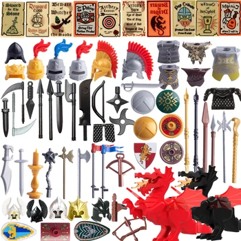 Строительные блоки, фигурки средневекового короля и солдата, Подарки, Игрушки, оружие, лошадь, щит с огненным драконом, снаряжение, шлем, печатные кирпичи