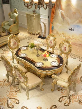Обеденный стол в европейском стиле овальный прямоугольный 1,8 м из массива дерева, французская вилла, обеденный стол с роскошной деревянной поверхностью, мебель 2 м