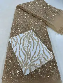 Золотой цвет, новый дизайн, высококачественная ручная вышивка бисером, французское кружевное свадебное платье, вышитая тюлевая ткань для вечеринки