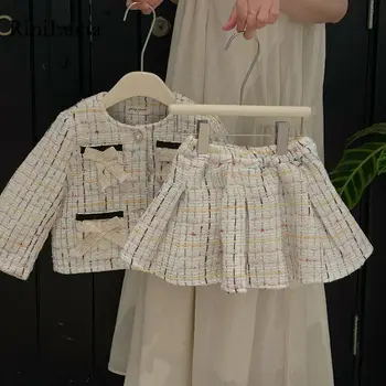 RiniLucia Kids Вязаный милый наряд Для маленьких девочек, комплект в Корейском стиле, плиссированная юбка, пальто, комплект одежды из 2 предметов, Осенний модный комплект одежды