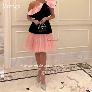 Розовые и Черные короткие платья для выпускного вечера Verngo A Line, Саудовско-Арабские Коктейльные вечерние платья длиной на одно плечо выше колена