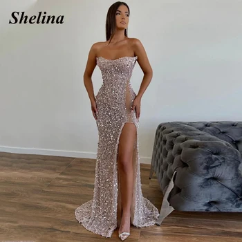 Сексуальное платье для выпускного вечера Shelina 2023 с блестками и высоким разрезом без бретелек Для женщин, без рукавов, с открытой спиной, прямое, индивидуальное праздничное платье