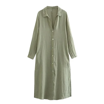 YENKYE 2023 Женское льняное платье-рубашка с закатанными рукавами, винтажный воротник с лацканами, женские повседневные свободные длинные платья