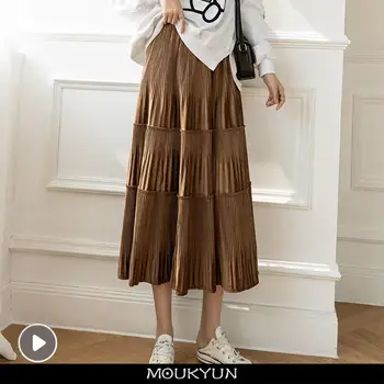 MOUKYUN, однотонная винтажная длинная бархатная плиссированная юбка, женская новинка, осенне-зимняя модная женская юбка трапециевидной формы с высокой талией, женский