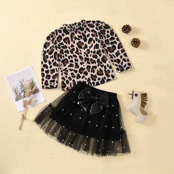 2023 Осенние комплекты леопардовой одежды для девочек, пуловеры с длинными рукавами, футболки, топы, юбки-пачки с жемчужным кружевом и бантом, наряд от 2 до 6 лет