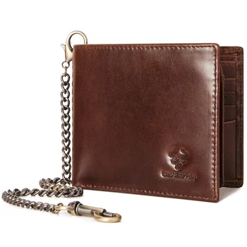 Мужские кошельки с защитой от RFID, держатель для кредитных карт, короткий кошелек из натуральной кожи с железной цепочкой, повседневный мужской кошелек для монет, сумка для денег