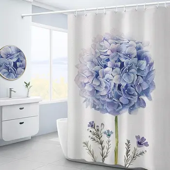 Фиолетовый цветок Гортензии, Белая занавеска для душа, пейзаж, 3D Зеленое растение, Водонепроницаемые занавески для ванной из полиэстера, декор экрана для ванны