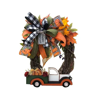 Венок на Хэллоуин, деревянный грузовик с тыквой ручной работы, 30x30x4 см, осенний урожай, винтажные украшения для фермерского дома на День Благодарения