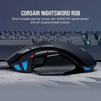 Corsair Nightsword RGB - Оптическая Эргономичная Игровая мышь с настраиваемой производительностью FPS/ MOBA с подсветкой RGB LED, 18000 точек на дюйм,