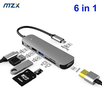 Док-станция MZX 6 в 1 USB-Концентратор 3 0 C Type SD TF Card Reader PD 100 Вт 3,0 2,0 USBC Адаптер Разветвитель Расширение 4K HDTV для HDMI