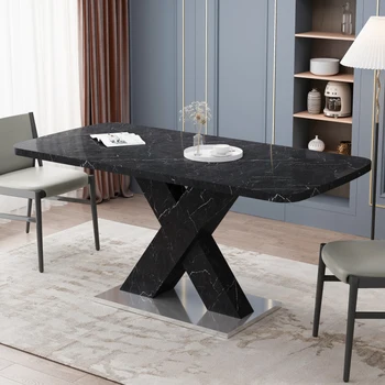 Современный квадратный обеденный стол, растягивающаяся столешница из черного мрамора с принтом + Х-образная ножка стола из МДФ с металлическим основанием