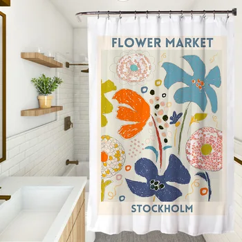 Занавеска для душа в цветочек в корейском стиле, красочный декор занавески для ванной комнаты с легко подвешиваемыми крючками, водонепроницаемая полиэфирная ткань 180x180
