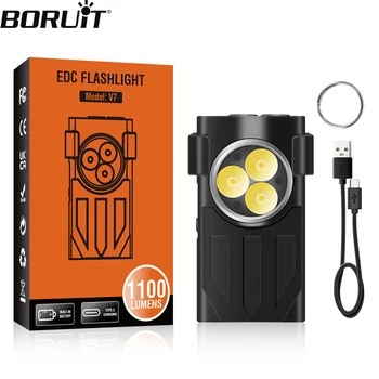 BORUiT V7 светодиодный EDC брелок-фонарик Type-C Перезаряжаемый портативный рабочий фонарь, мини-фонарик с зажимом, УФ карманный фонарь для кемпинга