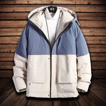 Куртка с хлопчатобумажной подкладкой Harajuku, мужские пуховики с капюшоном, мужская осенне-зимняя куртка, модная одежда, пальто в стиле пэчворк, теплые