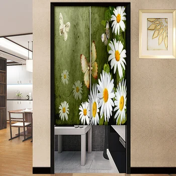 Дверная занавеска с принтом из цветов ромашки и ромашек, Короткие Норены с цветами дикой бабочки для гостиной, спальни, кухонной двери, домашнего декора