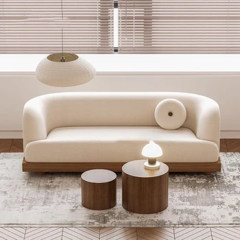 Небольшая квартира в скандинавском стиле, деревянный бархатный диван, Простой диван для трех человек, Кремовый диван из ягненка, Белая Современная минималистичная мебель