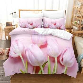 Розовый тюльпан Пододеяльник 3D Цветок Стеганое одеяло для мамы Подарок на фестиваль Покрывало Комплект постельного белья для украшения спальни Королева Король
