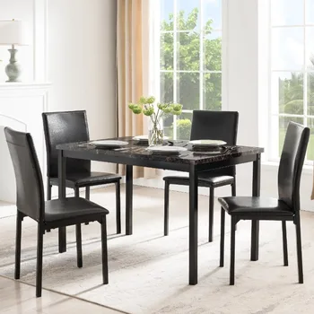 Столовый набор Mainstays из 5 предметов, столешница из искусственного мрамора и 4 стула из искусственной кожи, коричнево-черного цвета, набор из 5 предметов, включает 1 стол и 4 стула