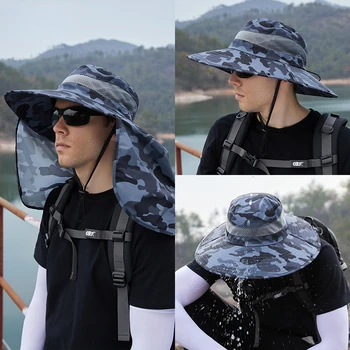 Мужская панама с шалью, Водонепроницаемая Кепка для рыбалки на открытом воздухе, Съемный Большой Карниз, Защита лица и шеи, Солнцезащитные кепки для мужчин